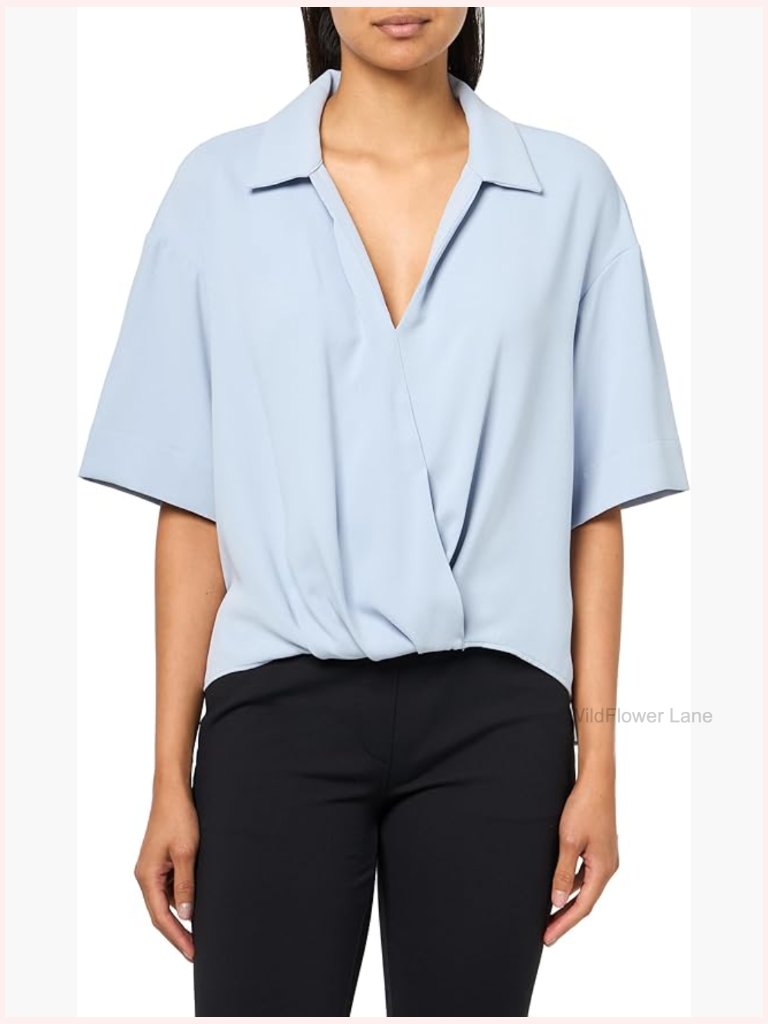 Relaxed Fit Long Sleeve Blouse With Banded Collar And Chest Pockets